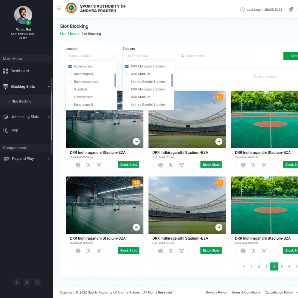 SAAP — Coach slot blocking interface with venue grid and location filters