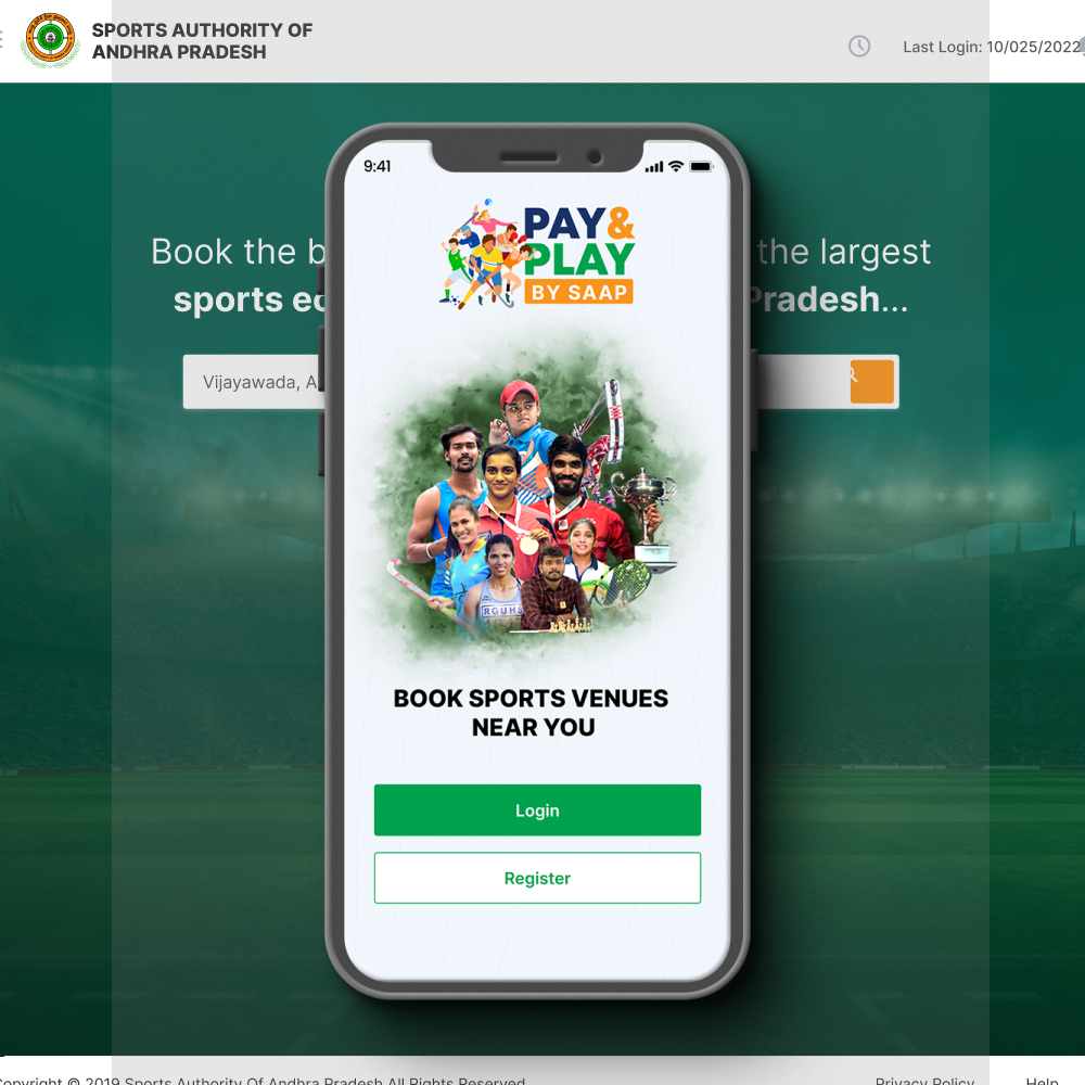 SAAP Pay & Play — Mobile app splash screen with venue booking CTA