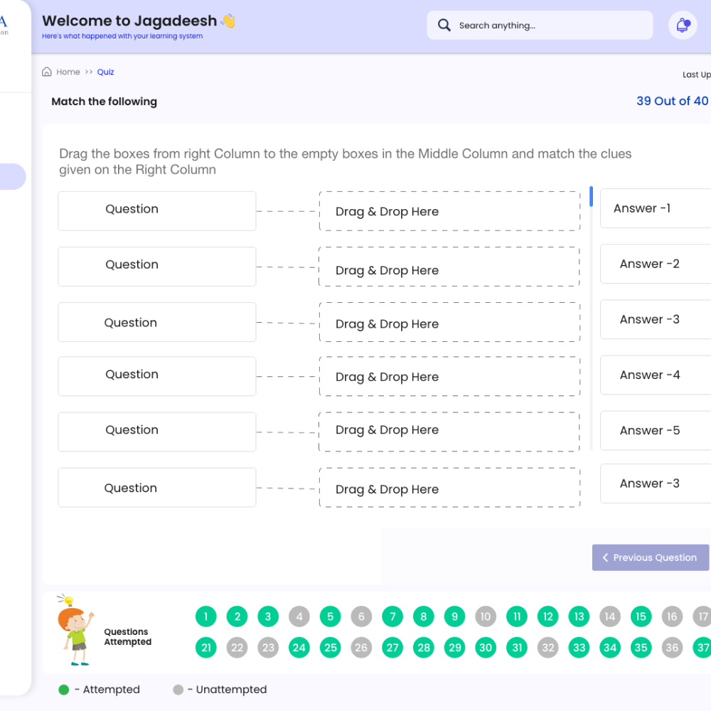 Azvasa — Student quiz interface showing drag-and-drop match-the-following question