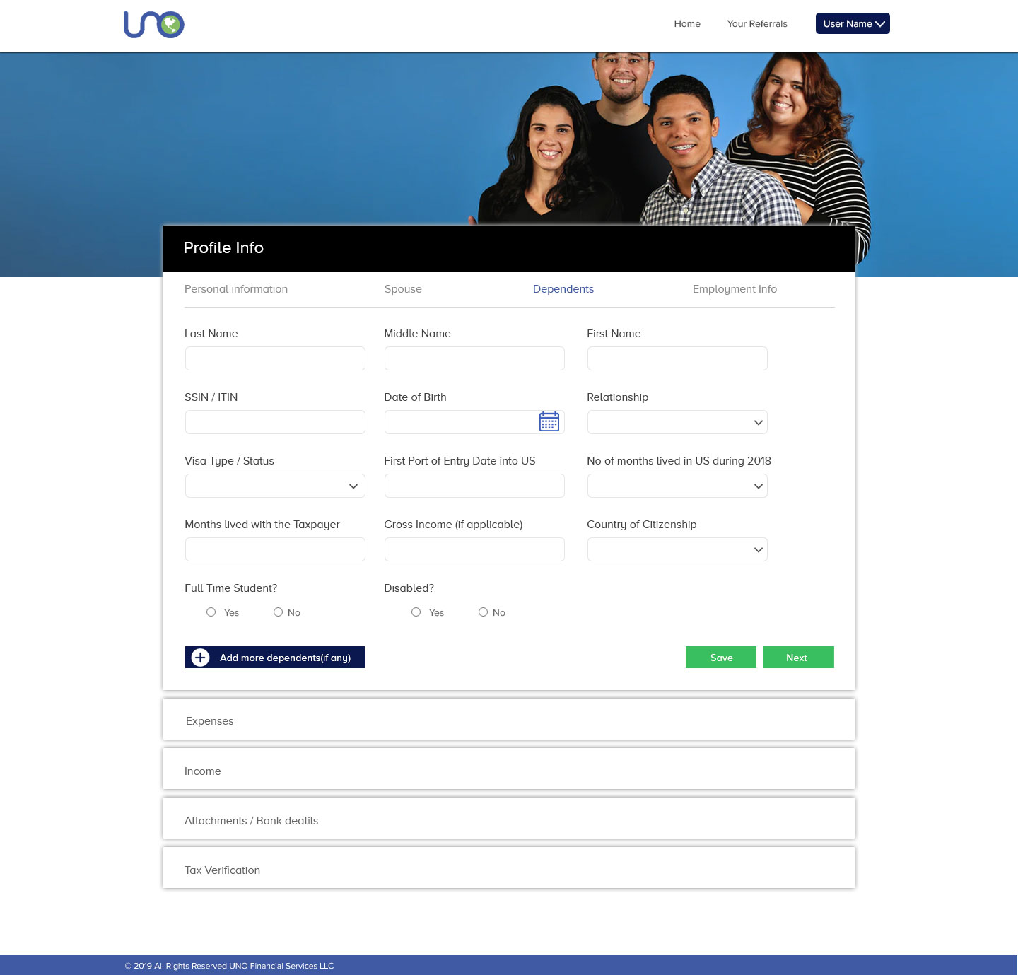 UNO Financial — Profile Info (Dependents tab) screen